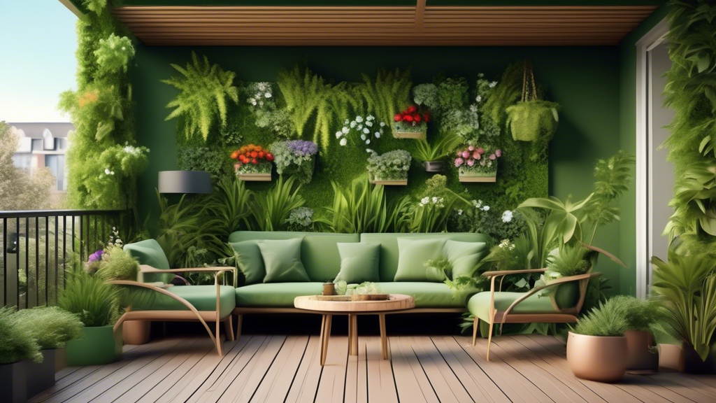 A lush green wall covered in plants and flowers seamlessly blending into a modern balcony with comfortable outdoor furniture.