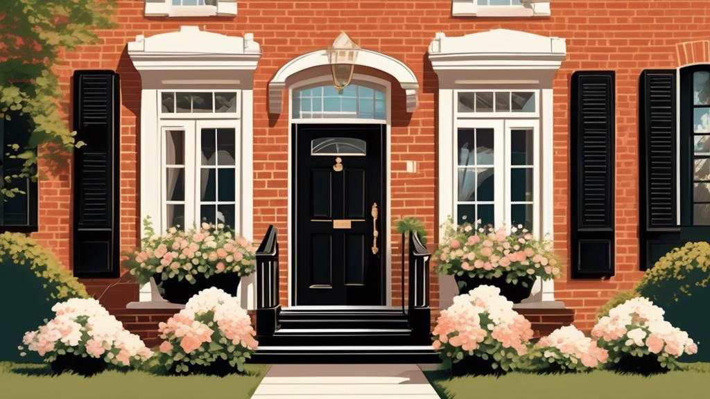 A stately brick home with white columns, window boxes overflowing with flowers, and a classic black front door, bathed in warm sunlight.