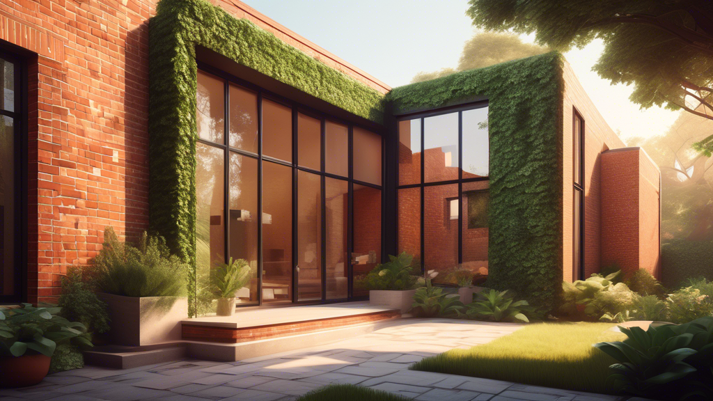 A modern house with an exterior featuring a geometric pattern of exposed brick walls, lush greenery, and large windows, bathed in warm sunlight.