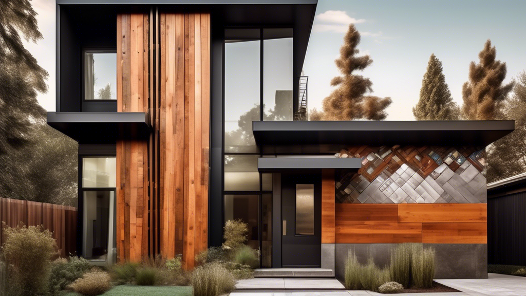 A modern house exterior with a patchwork of wood, brick, stucco, and metal, seamlessly blended together.