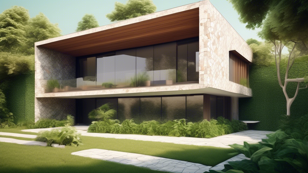 A modern house with an exterior wall featuring a geometric pattern of natural stone tiles, surrounded by lush greenery.