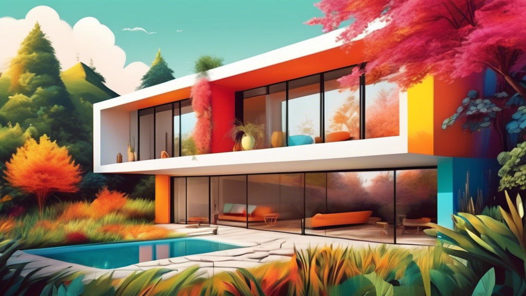 A modern house with an exterior wall that seamlessly blends into a vibrant mural of nature, incorporating elements of the surrounding environment.