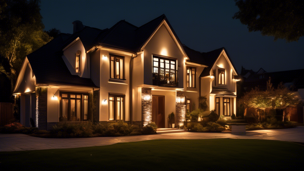 A beautiful house at night with exterior wall lighting that highlights the architecture and landscaping, creating a warm and inviting ambiance while deterring crime.