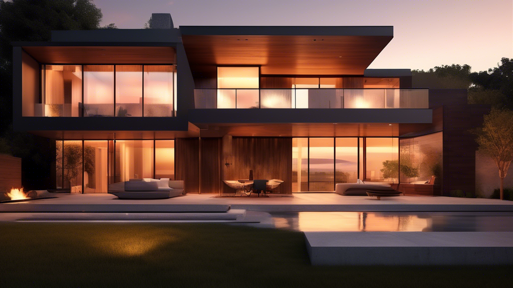 A contemporary home with a sleek exterior, featuring mixed materials and textures on the walls, sunset lighting