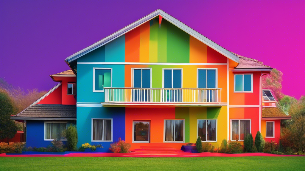 A vibrant house with a color wheel projected onto its exterior walls, showcasing a variety of bold and complementary color combinations.