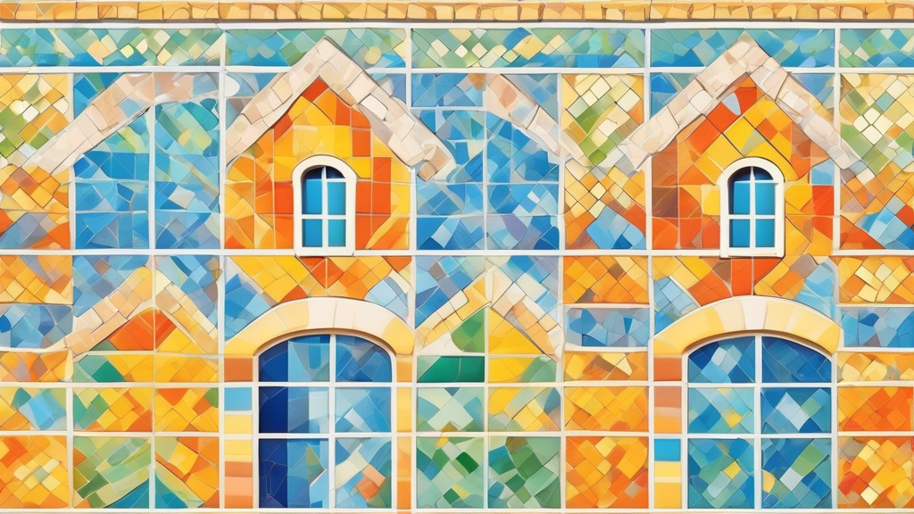 A house with exterior walls decorated with a colorful mosaic pattern of ceramic tiles, sunny day, detailed.